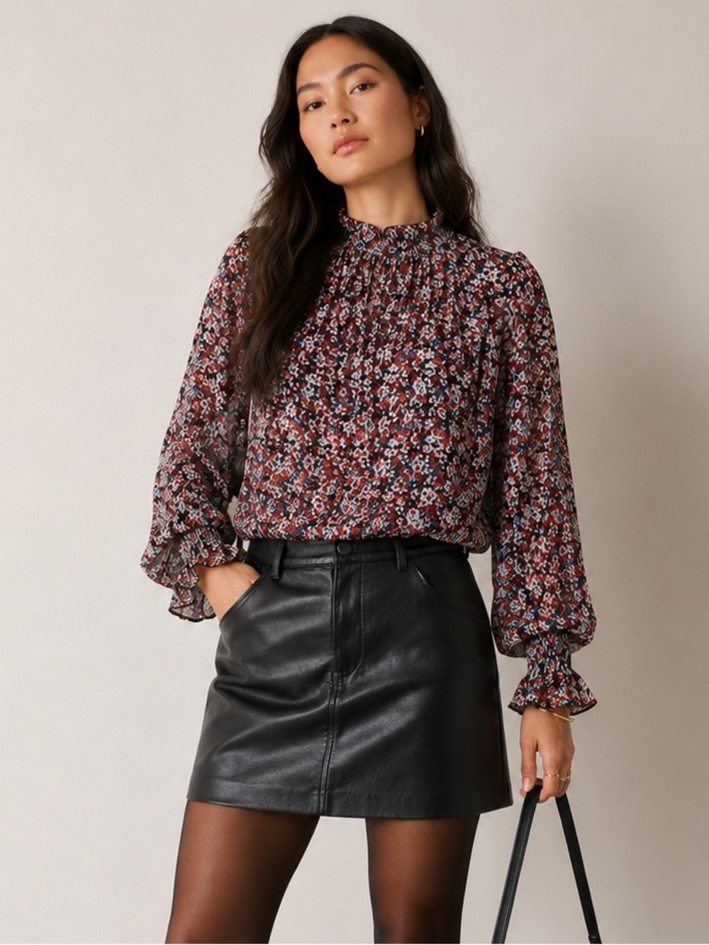 ASOS Design Sheer Floral Ruffle Mock Neck Blouse Women’s Size 16